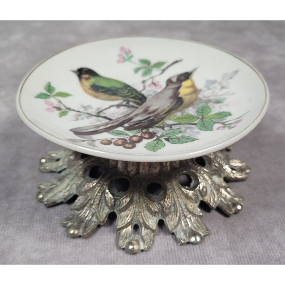 Vintage Bird Porcelain Candle Holder Trinket Dish Metal Base Songbirds Floral